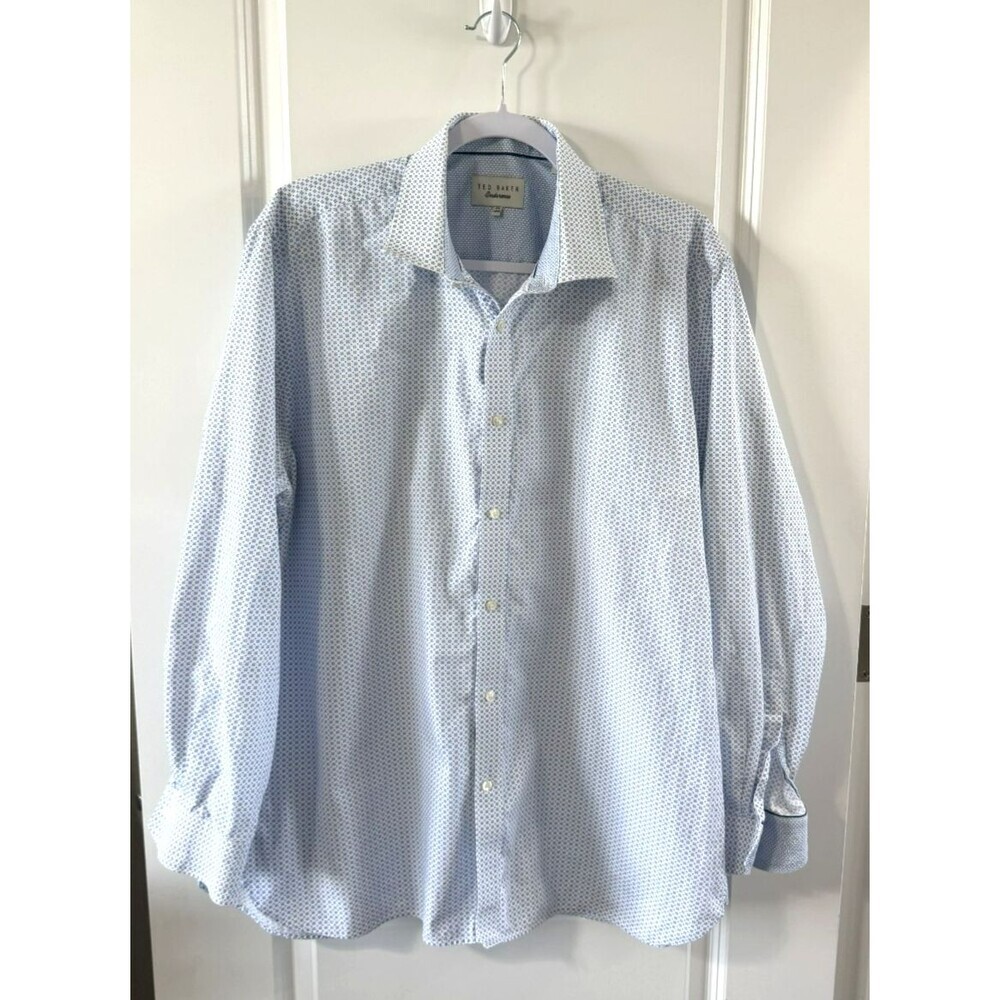 Ted Baker Endurance Dress Shirt White Blue Button Down Mens 17.5 34/35 Geometric